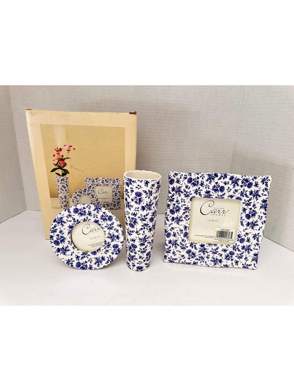 Vintage Carr Frames / Burnes of Boston Blue & White Floral Ceramic 3-Piece Set